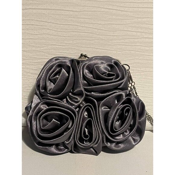 Rose Flower Silver Wedding Evening Handbag Purse Party Clutch Prom Bridal - Picture 1 of 4